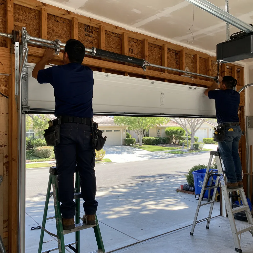 Two professional technicians installing a new residential garage door system.