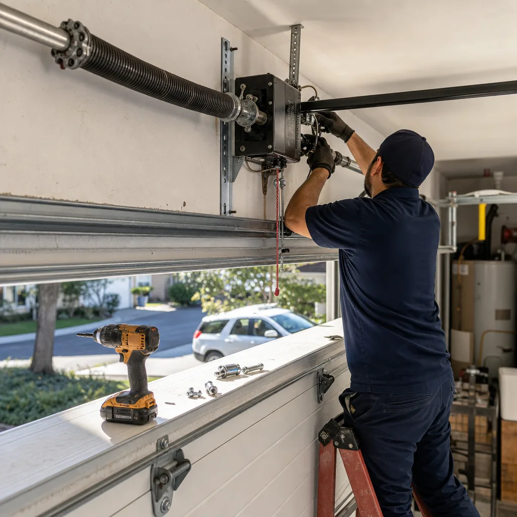 Technician performing professional garage door opener repair and installation.