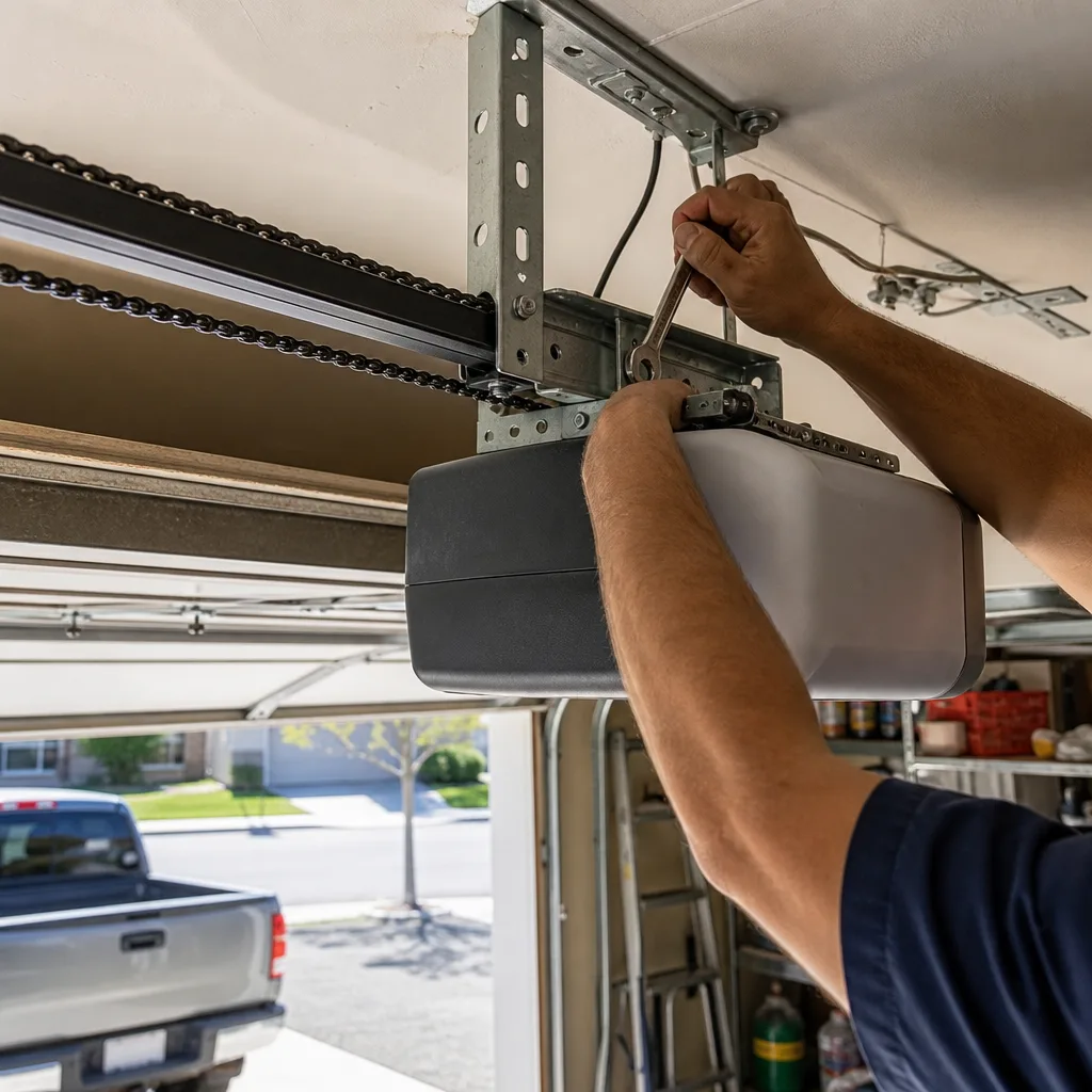 Technician using a wrench to repair a garage door opener