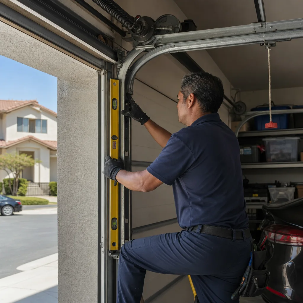 Technician using a spirit level to perform professional garage door track repair