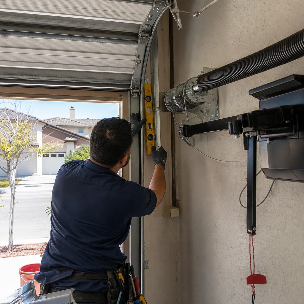 Technician using a level to align a garage door track