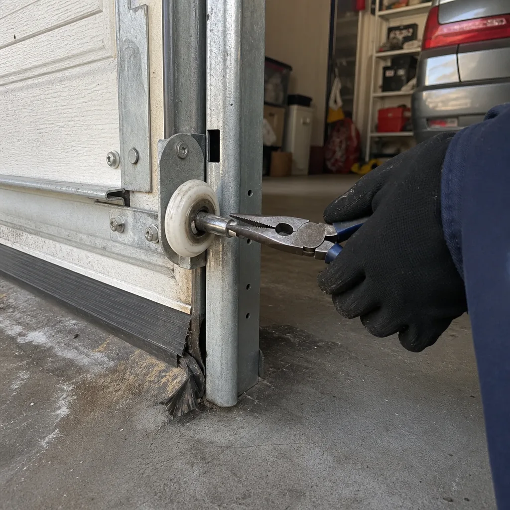 Technician using pliers to perform professional garage door roller repair