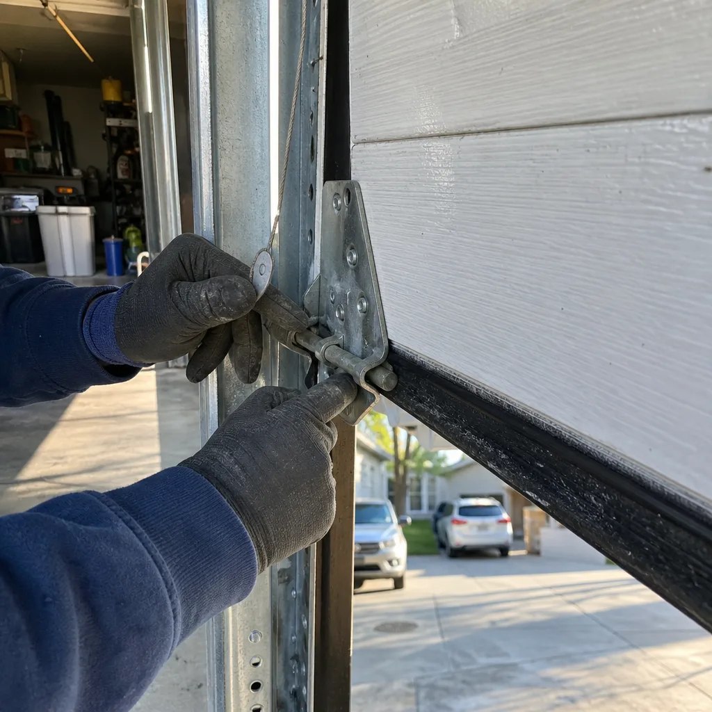 Technician performing emergency garage door hinge and cable repair in Irvine, CA