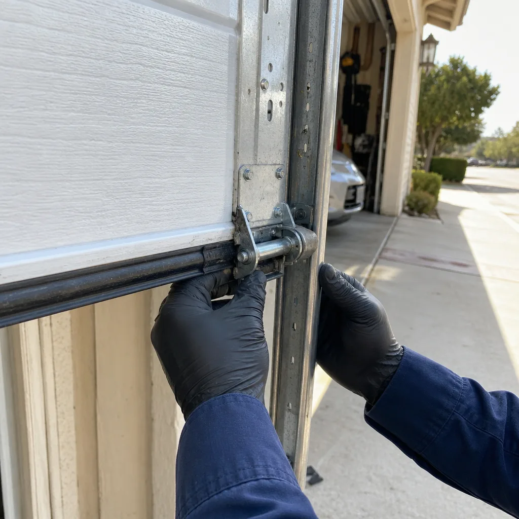 Technician performing emergency garage door repair on residential track system in Irvine, CA