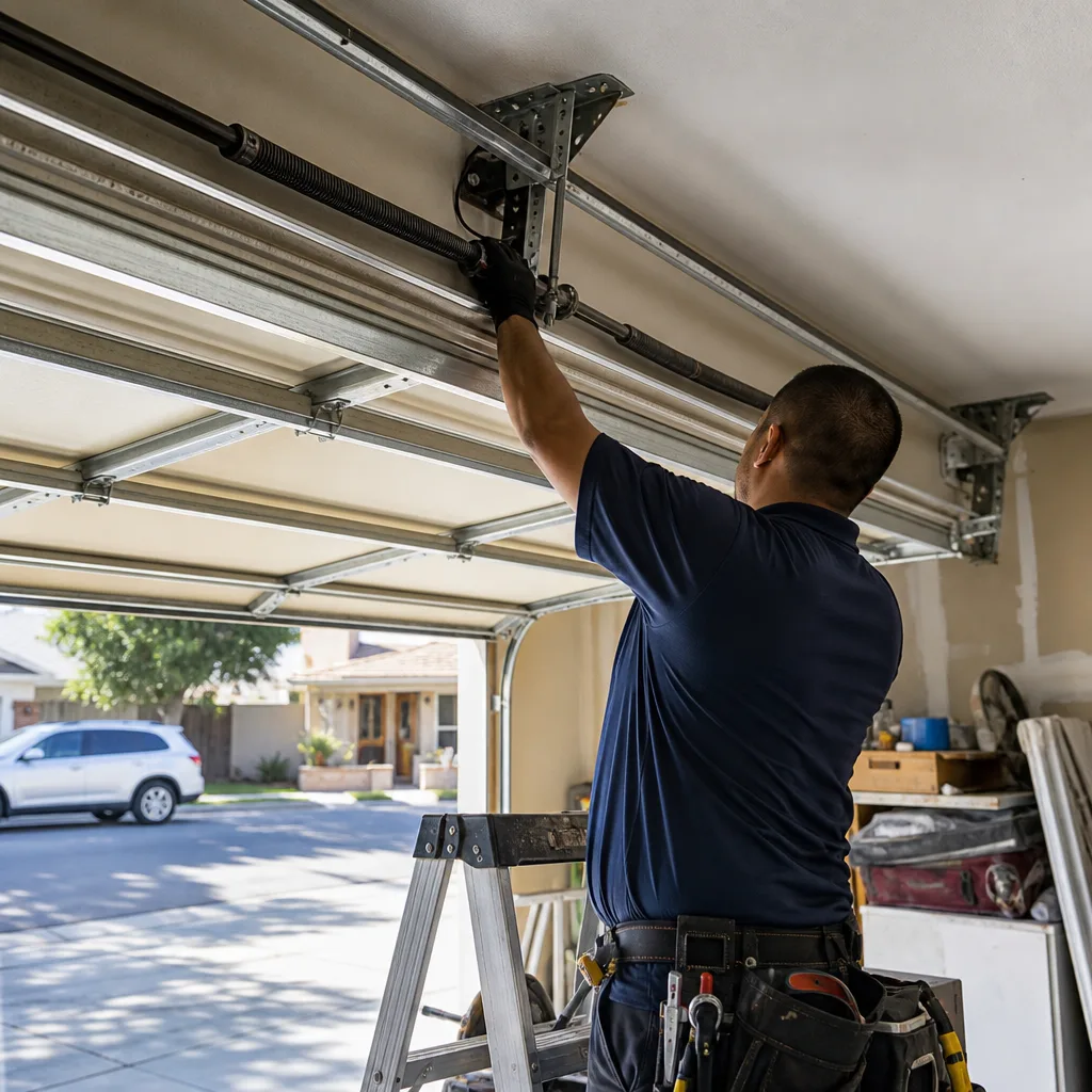 Technician performing professional garage door spring repair and maintenance in Irvine, CA